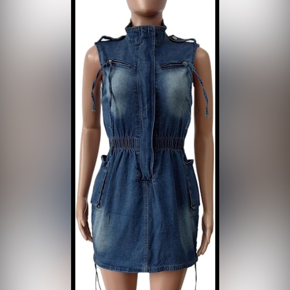 Sleeveless Dark Blue Denim Zip-Front Dress